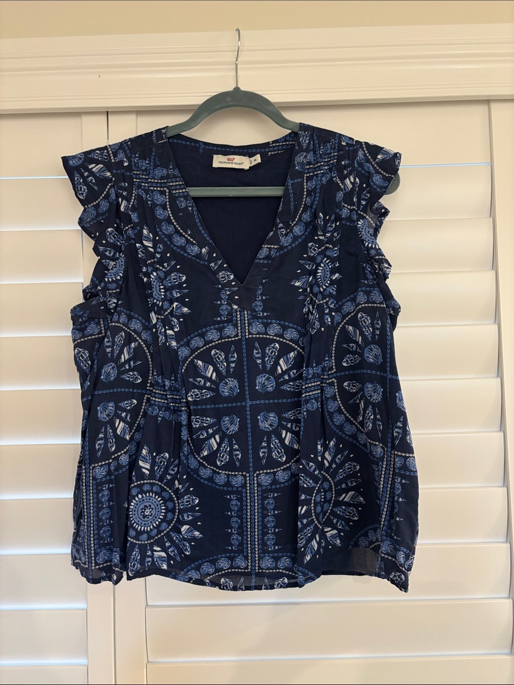 Vineyard Vines Navy Blue Printed V-Neck Ruffle Sleeve Top